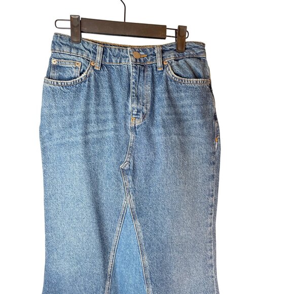 Zara Denim Maxi Skirt XS High Waist Distressed Hem Blue - Picture 6 of 13